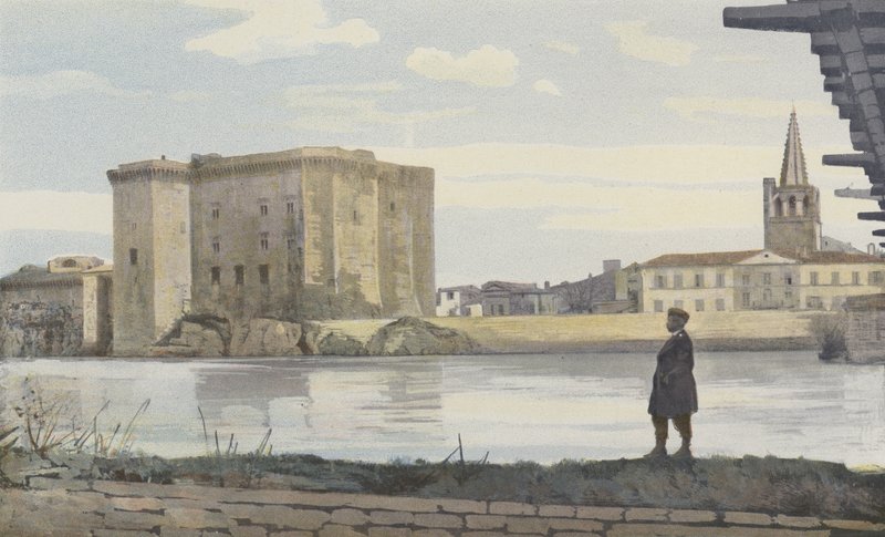 Tarascon, Chateau, Sainte-Marthe kilisesinin çan kulesi ve Rhone üzerindeki asma köprü by French Photographer