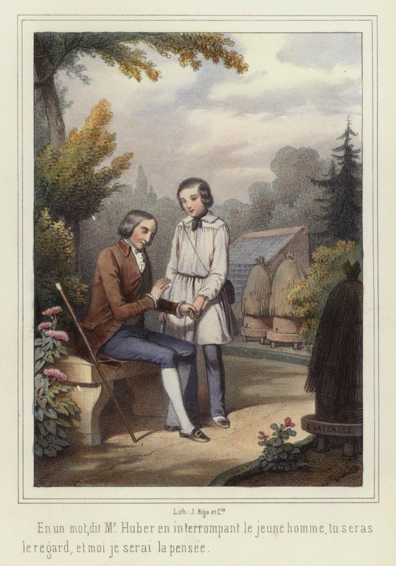 Kör bir adama yardım eden bir çocuk (renkli taş baskı) by French School