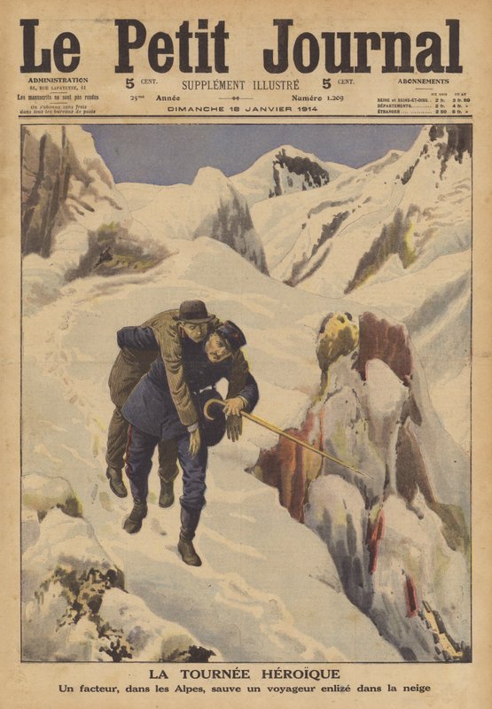 Alplerde karda kaybolan bir yolcuyu kurtaran postacı (renkli taş) by French School