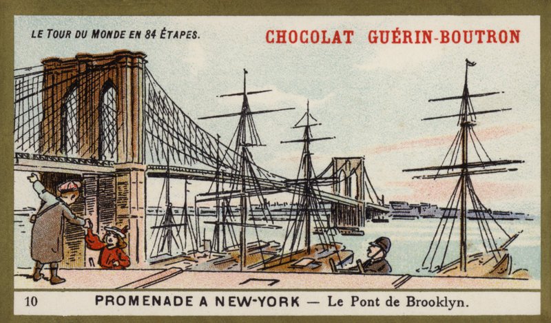 New York'ta bir yürüyüş - Brooklyn Köprüsü (chromolitho) by French School