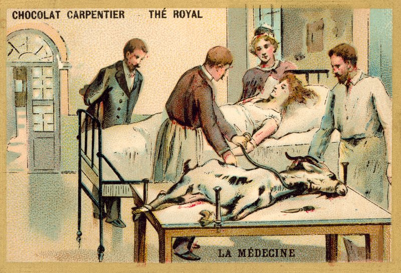 Bir keçiden kan transfüzyonu alan bir kadın (chromolitho) by French School