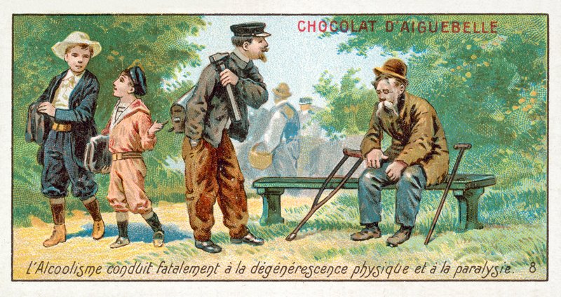 Alkolizm kaçınılmaz olarak fiziksel yozlaşmaya ve felce yol açar (chromolitho) by French School