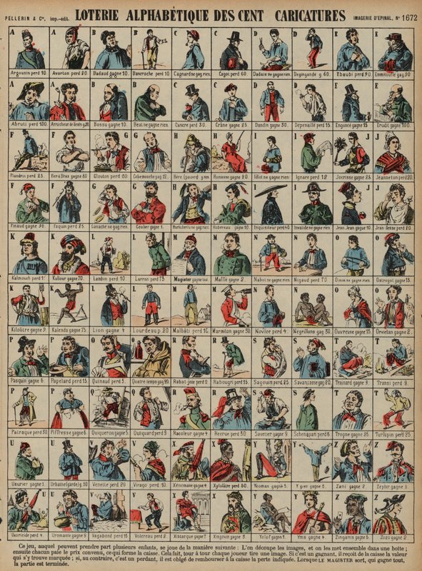 Yüz karikatürden oluşan alfabetik piyango (renkli gravür) by French School