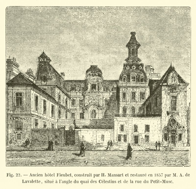 H Mansart tarafından inşa edilen ve 1857 yılında M A de Lavalette tarafından restore edilen eski otel Fieubet, quai des Celestins ve rue du Petit-Musc