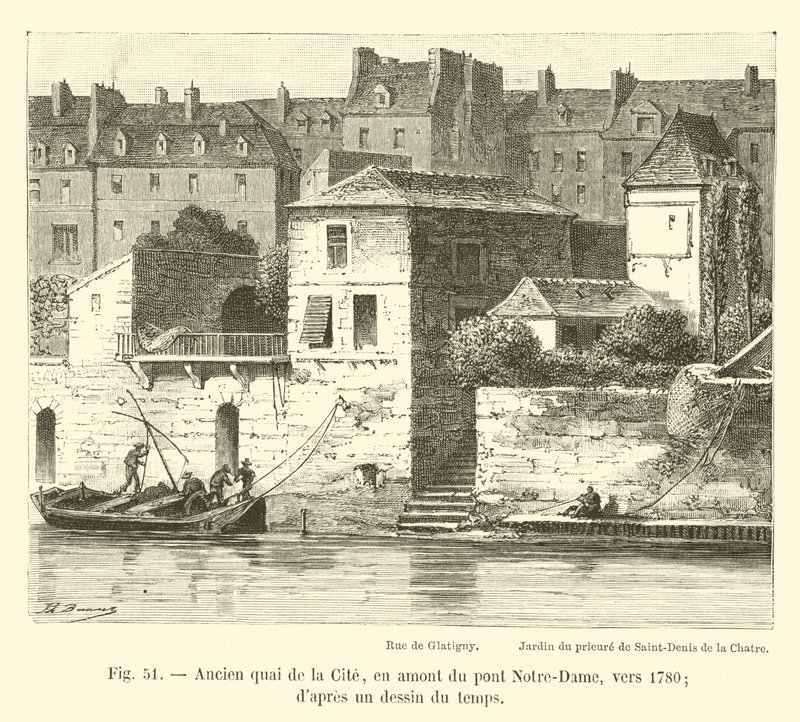 Notre-Dame köprüsünün yukarısında, 1780 dolaylarında eski quai de la Cite; bir zaman çiziminden by French School