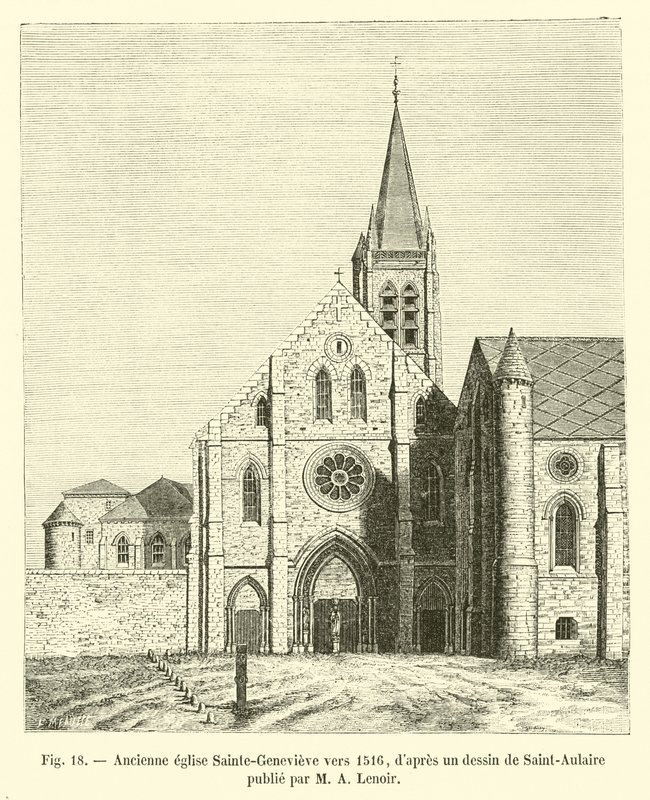 M A Lenoir tarafından yayınlanan Saint-Aulaire tarafından bir çizimden sonra 1516 civarında eski Sainte-Genevieve kilisesi by French School