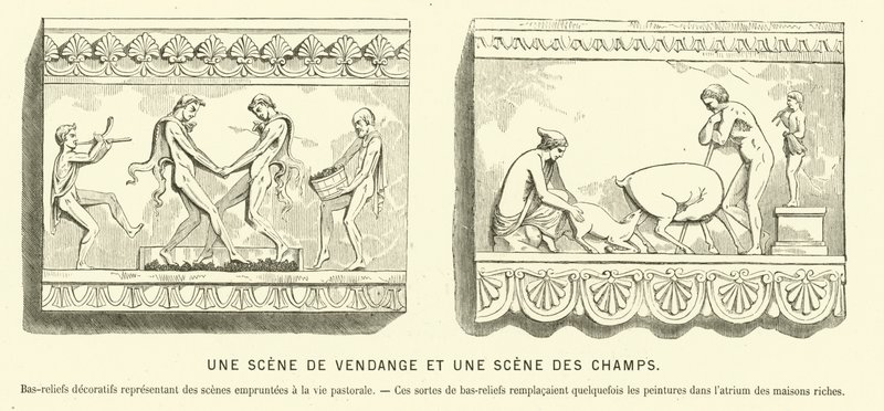 Bir üzüm hasadı ve tarlalardaki bir sahneyi betimleyen Antik Roma kabartmaları (gravür) by French School