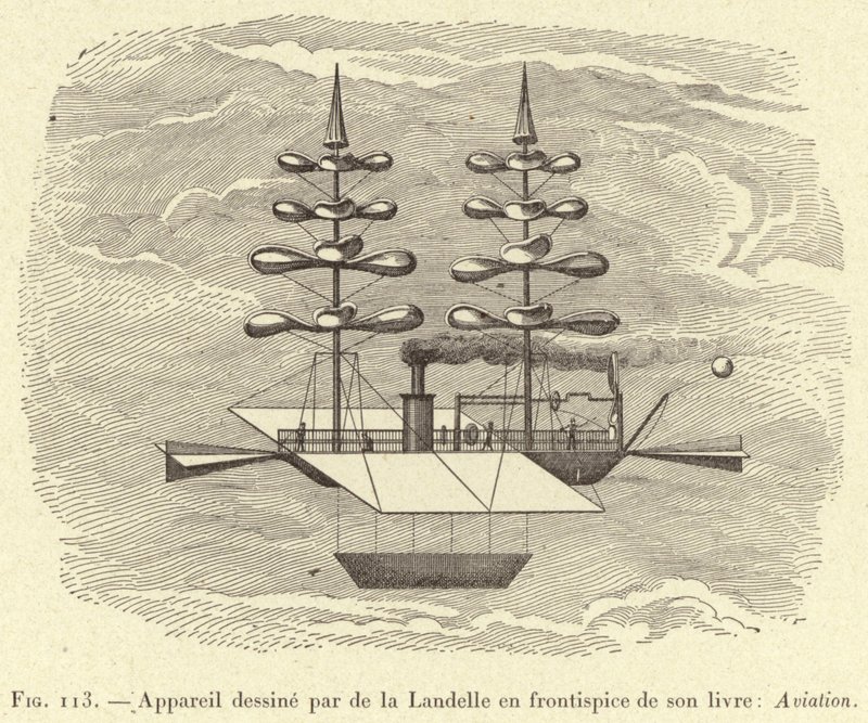 De la Landelle tarafından kitabının ön yüzünde tasarlanan uçak: Havacılık (gravür) by French School