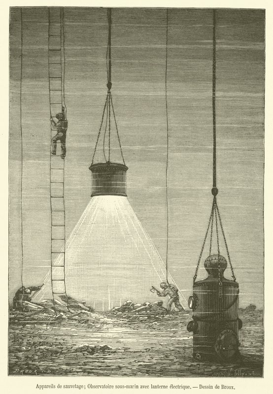 Kurtarma cihazları, Elektrikli fenerli sualtı gözlemevi (gravür) by French School
