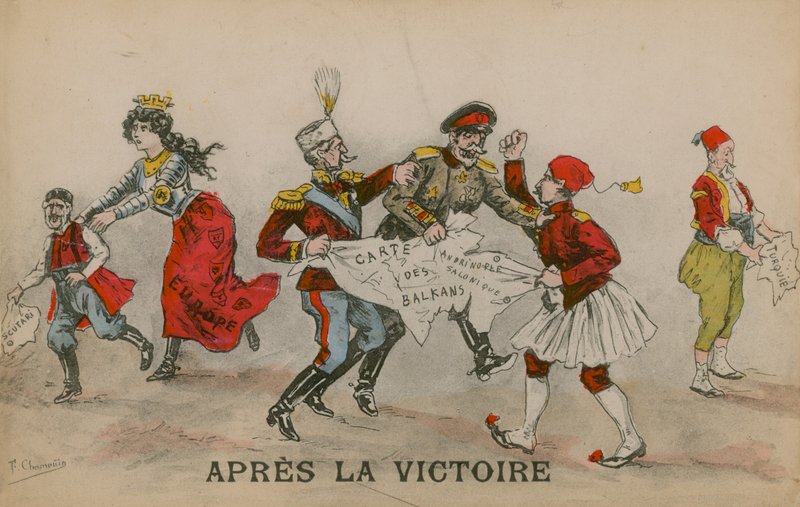 Apres La Victoire, Balkanlar hakkında siyasi karikatür. 14 Haziran 1913'te gönderilen kartpostal. by French School