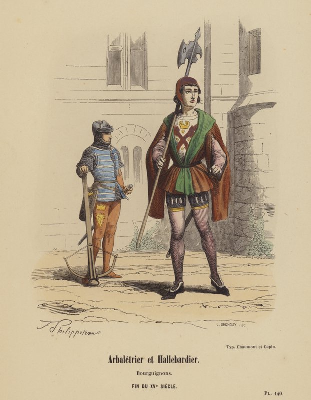 Arbaletçi ve Halberdier, Burgonyalılar, Geç 15. Yüzyıl (renkli gravür) by French School