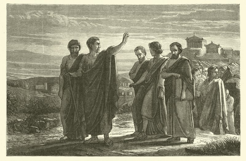 Aristoteles öğrencileriyle birlikte Atina'dan sürgün edildi (gravür) by French School