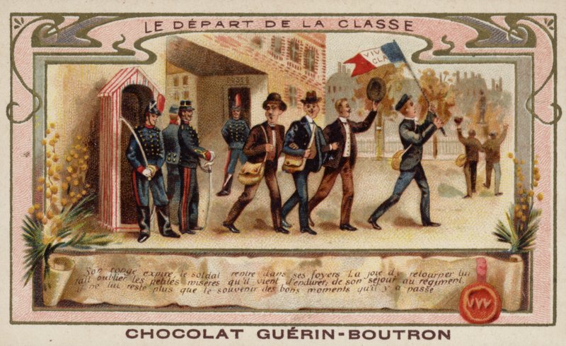 Akademiden mezun olduktan sonra alaylarına katılmak için ayrılan ordu öğrencileri (chromolitho) by French School