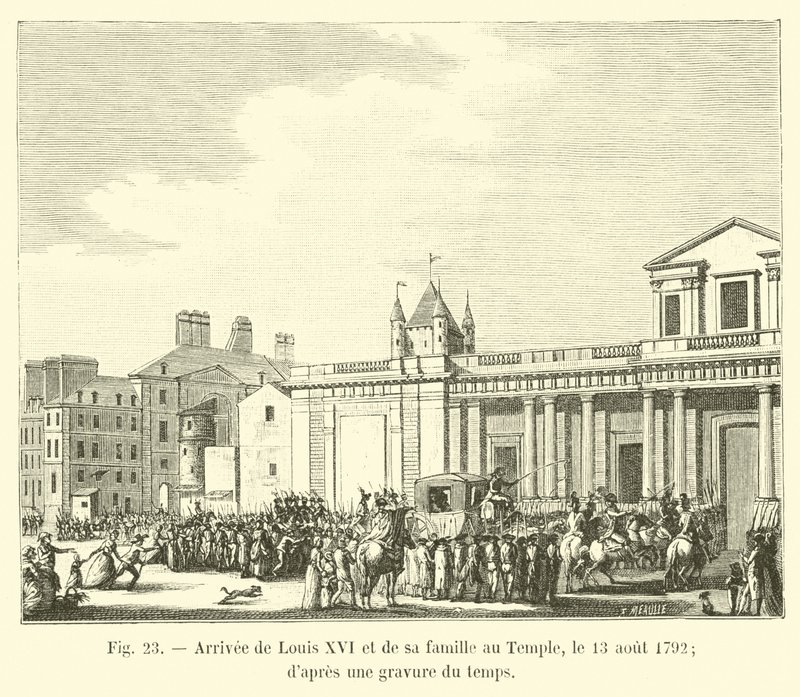 Louis XVI ve ailesinin Tapınağa gelişi, 13 Ağustos 1792; zamanın bir gravüründen by French School