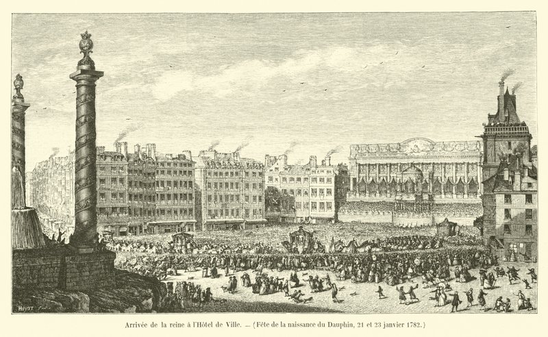 Kraliçenin Belediye Binasına gelişi, Fete de la doğum du Dauphin, 21 ve 23 Ocak 1782 by French School