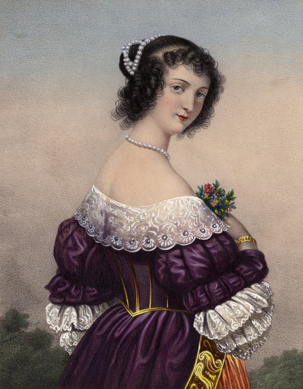Dantel süslemeli (renkli litografi) mor elbiseli çekici kız by French School