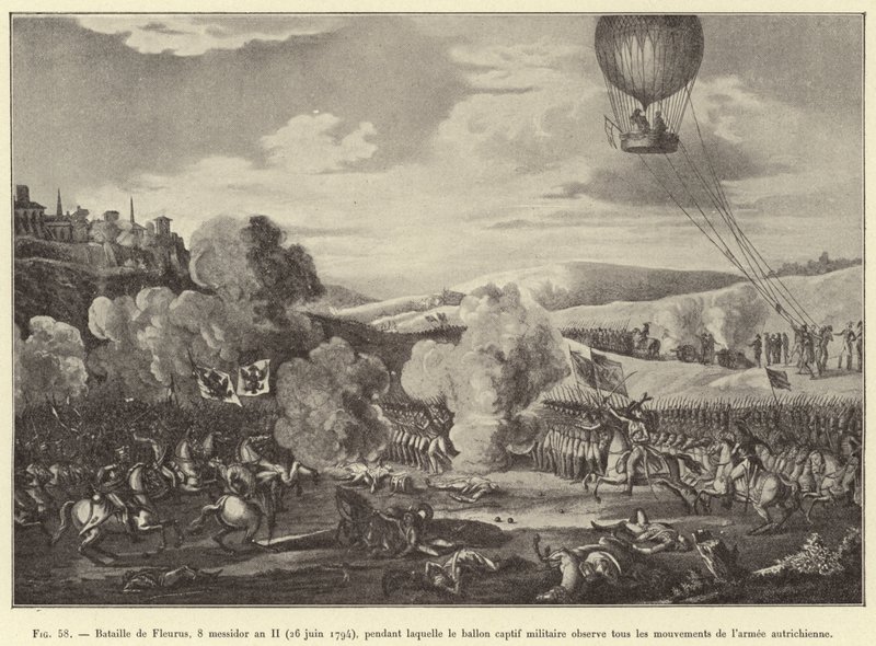 Fleurus Savaşı, 8. Yıl II Messidor (26 Haziran 1794), esir askeri balonun Avusturya ordusunun tüm hareketlerini gözlemlediği (gravür) by French School
