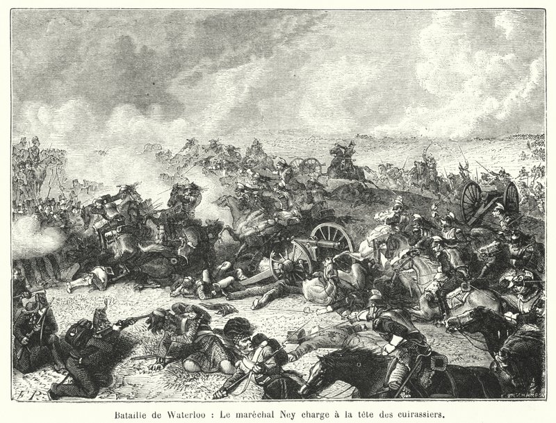 Waterloo Savaşı, Mareşal Ney zırhlıların başında hücum ediyor (gravür) by French School