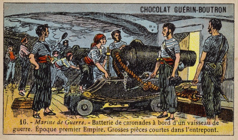 Birinci İmparatorluğun bir Fransız savaş gemisindeki carronades bataryası, 19. yüzyılın başlarında (chromolitho) by French School