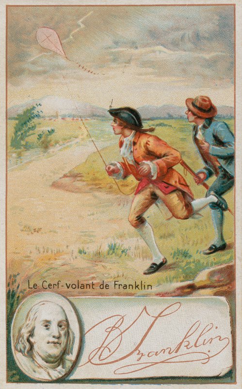 Benjamin Franklin yıldırım çarpmış bir uçurtma uçuruyor by French School