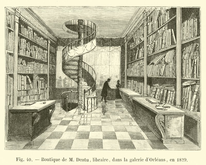 1829 yılında Orleans galerisinde M Dentu, kitapçı, Dükkanı by French School