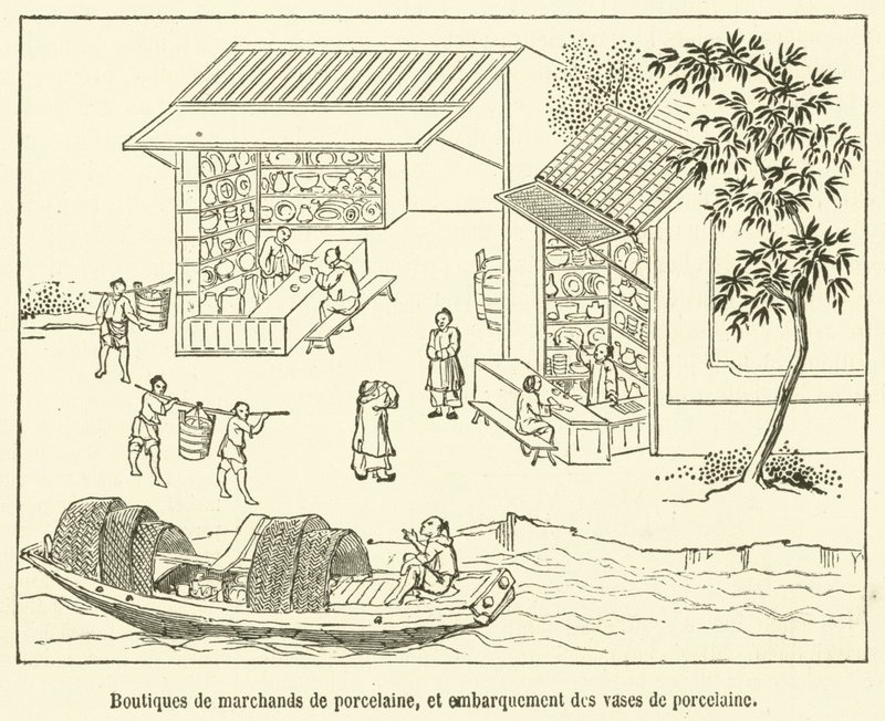 Porselen tüccarlarının dükkanları ve porselen vazoların gemiye bindirilmesi (gravür) by French School
