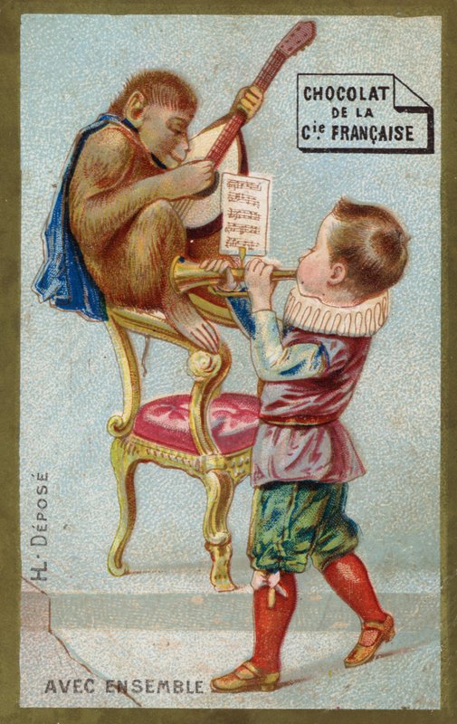 Çocuk ve maymun birlikte müzik aletleri çalıyor (chromolitho) by French School