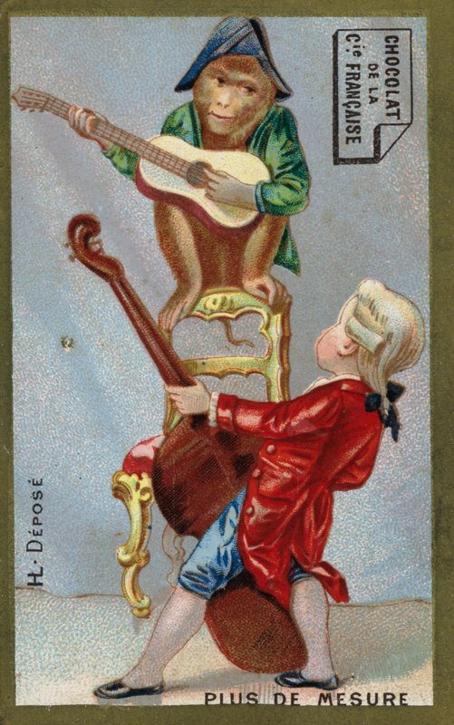 Çocuk ve maymun birlikte müzik aletleri çalıyor (chromolitho) by French School