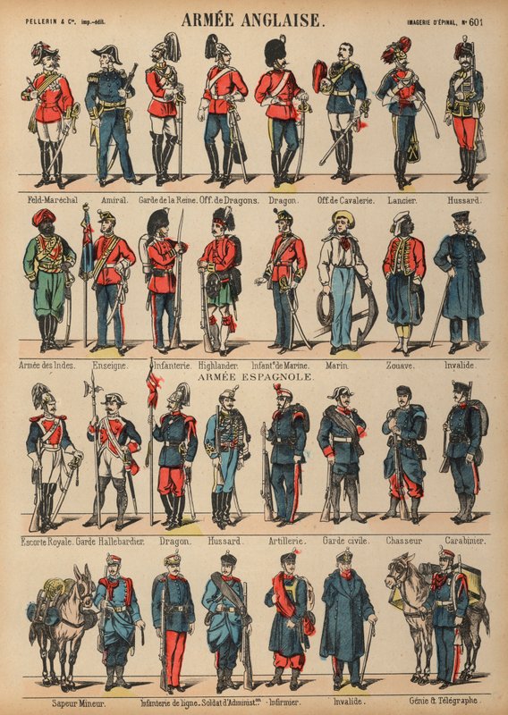 İngiliz ve İspanyol askeri üniformaları (renkli gravür) by French School
