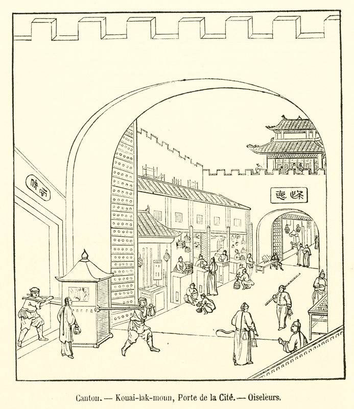 Kanton, Kouai-lak-moun, Şehrin Kapısı, Kuş Avcıları (gravür) by French School