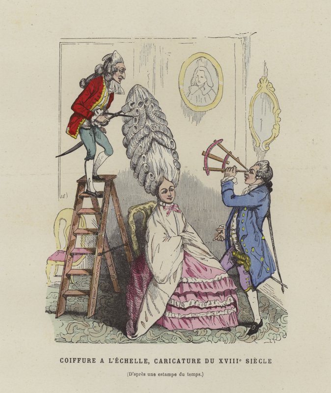 18. yüzyılın Fransız kadın saç modelleri üzerine karikatür by French School