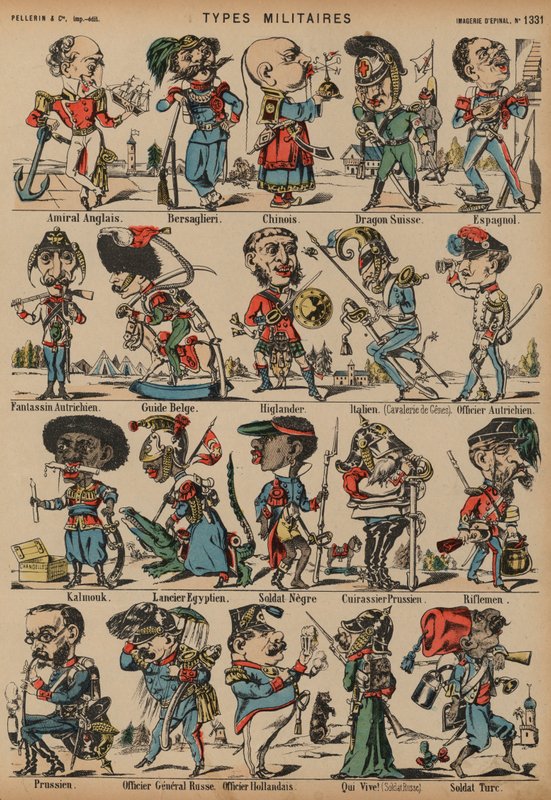 Askeri figürlerin karikatürleri (renkli gravür) by French School