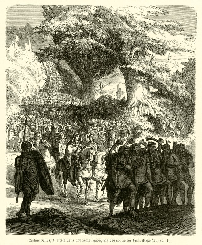 Cestius Gallus, on ikinci lejyonun başında, Yahudilere karşı yürüyor (gravür) by French School