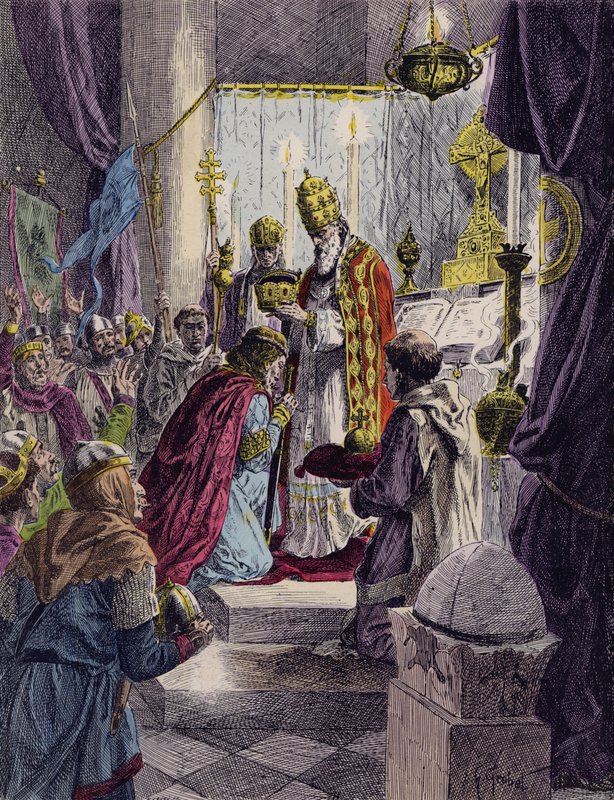 Papa Leo III tarafından Kutsal Roma İmparatoru olarak taç giydirilen Şarlman, Roma, 800 (renkli litografi) by French School