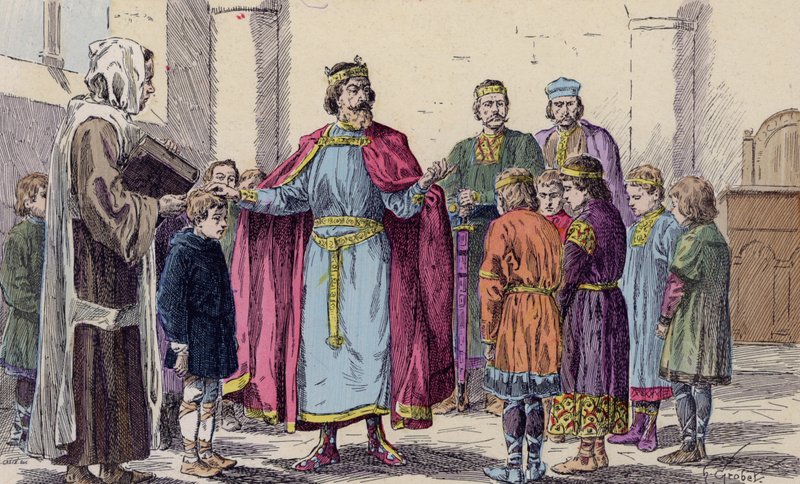 Charlemagne bir okulu ziyaret ediyor (renkli taş baskı) by French School