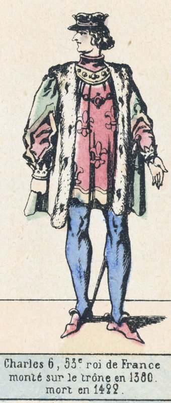Charles 6, 53. Fransa Kralı, 1380'de tahta çıktı, 1422'de öldü (renkli gravür) by French School