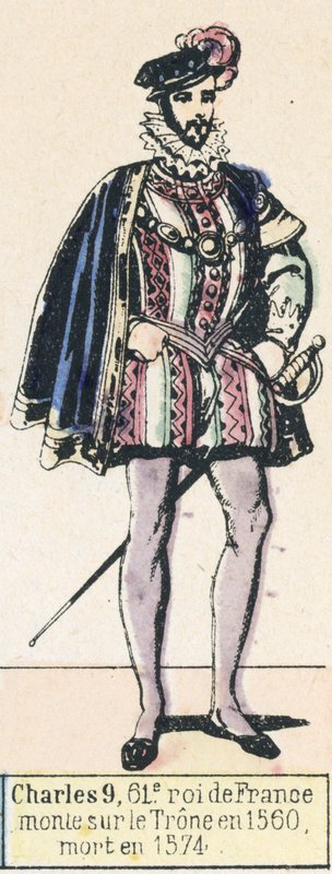 Fransa'nın 61. Kralı Charles 9, 1560'ta Taht'a yükseldi, 1574'te öldü (renkli gravür) by French School
