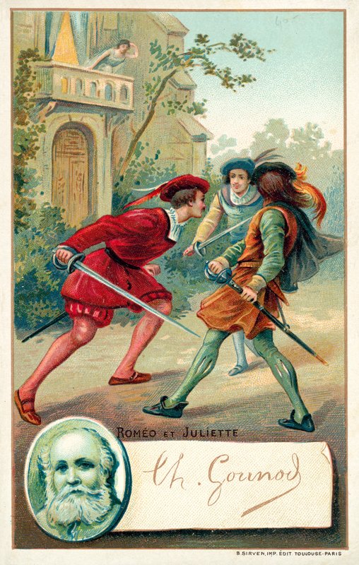 Charles Gounod, Fransız besteci ve Romeo et Juliette (chromolitho) operasından bir sahne by French School