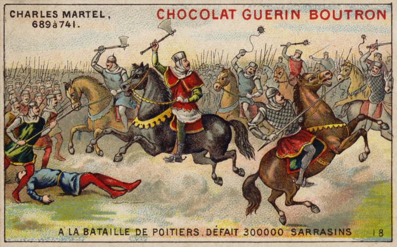 Charles Martel, Poitiers Muharebesi'nde 300.000 Saracen'den oluşan bir orduyu yendi, 732 (chromolitho) by French School
