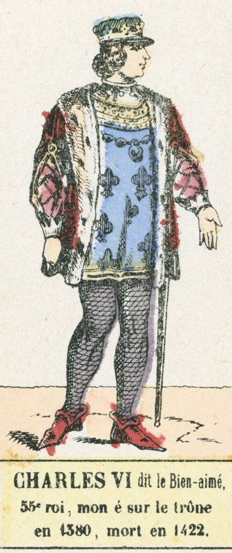 Charles VI, Sevgili olarak adlandırılan 53. kral, 1380'de tahta çıktı, 1422'de öldü (renkli gravür) by French School
