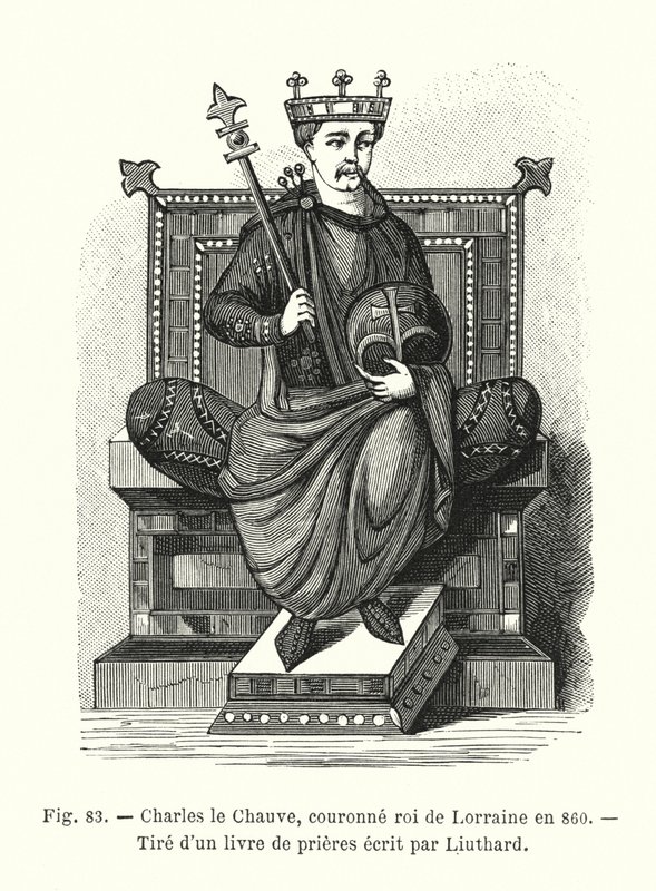 Kel Charles, 860 yılında Lorraine Kralı olarak taç giydi, Liuthard tarafından yazılmış bir dua kitabından (gravür) by French School
