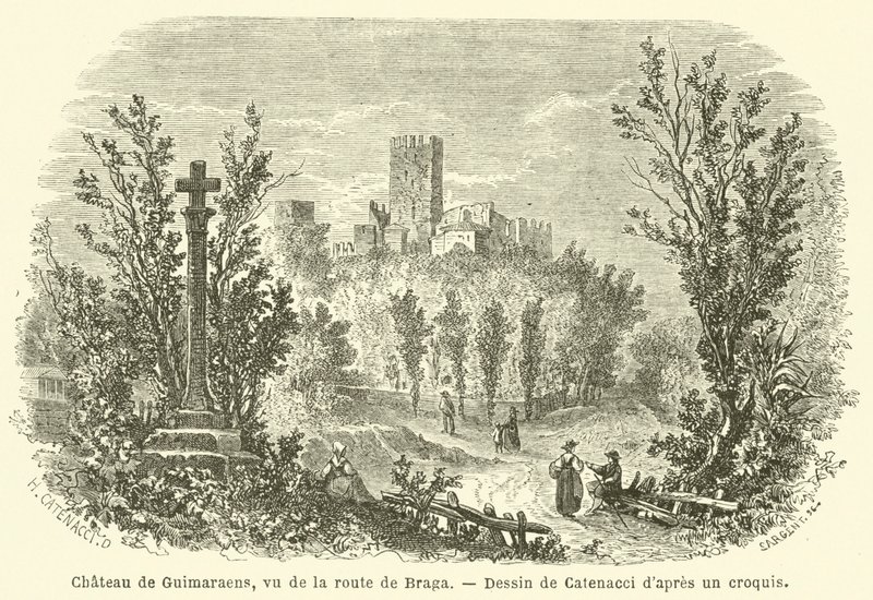 Braga yolundan görülen Chateau de Guimaraens (gravür) by French School