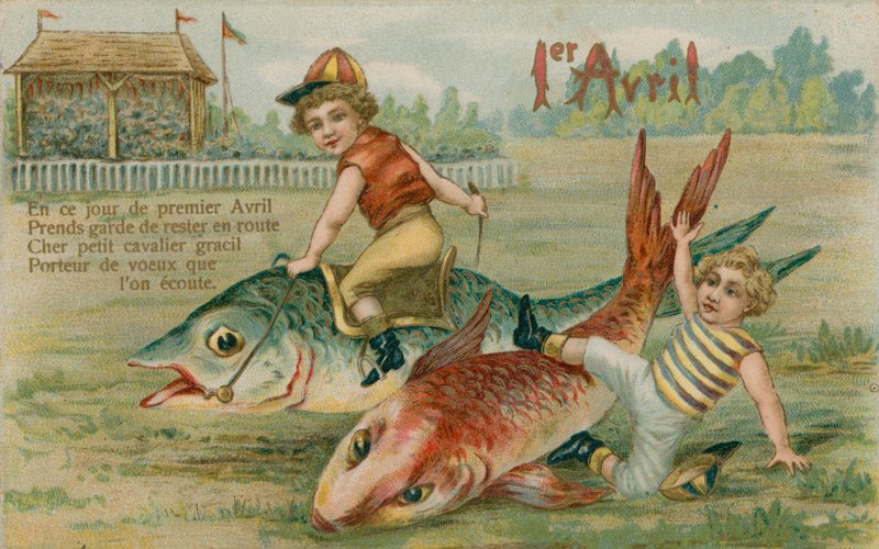 Balıklarla yarışan çocuk jokeyler, 1 Nisan kartı, 1913 by French School