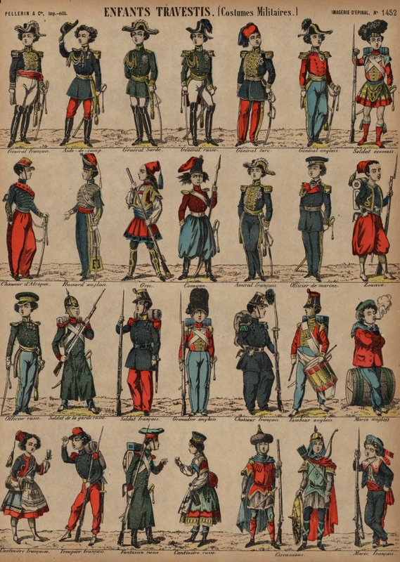 Çocukların askeri kıyafetleri (renkli gravür) by French School