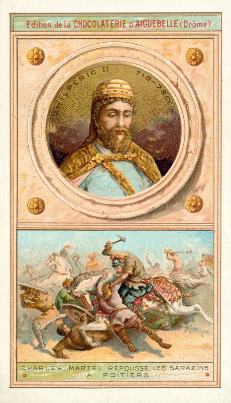 Chilperic II ve Charles Martel, Poitiers'de Moors'u yenerken, 732 (chromolitho) by French School