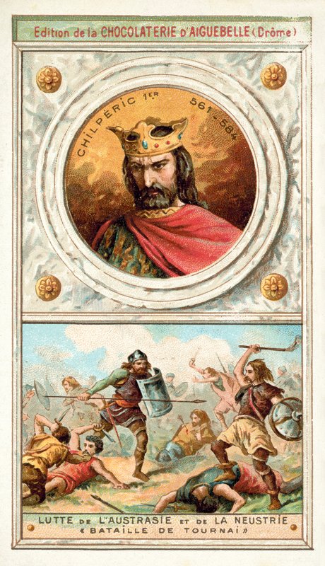 Chilperic I ve Tournai Savaşı'nda Austrasia ve Neustria arasındaki mücadele, 6. Yüzyıl (chromolitho) by French School