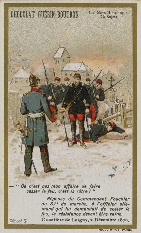Chocolat Guerin-Boutron ticari kartı, Tarihi Sözler serisi (chromolitho) by French School