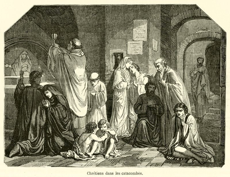 Yeraltı mezarlarındaki Hristiyanlar (gravür) by French School