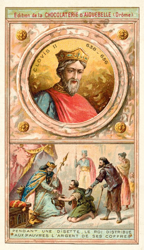 Clovis II sıkıntılı bir dönemde kasasından fakirlere para veriyor, 7. Yüzyıl (chromolitho) by French School