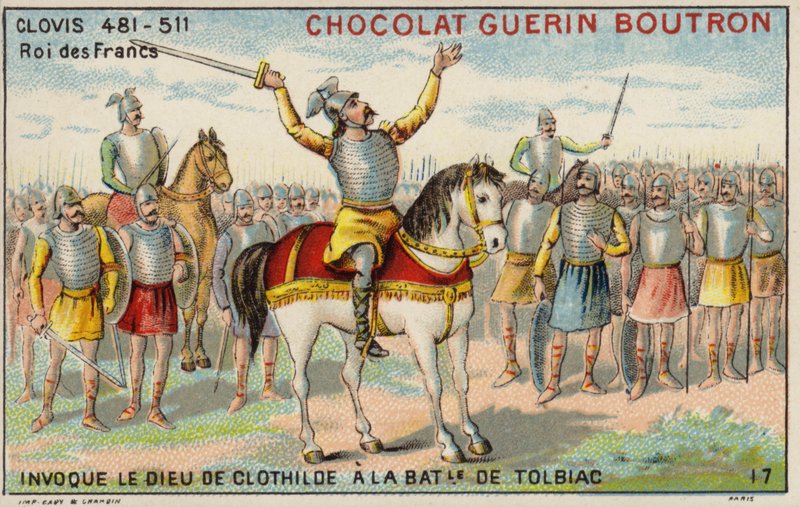Clovis, Tolbiac Savaşı'nda Clotilde Tanrısı'nı çağırırken, 496 (chromolitho) by French School